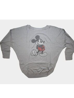 Disney Parks Womens Mickey Mouse Beaded Graphic Long Sleeve Gray Top New Large